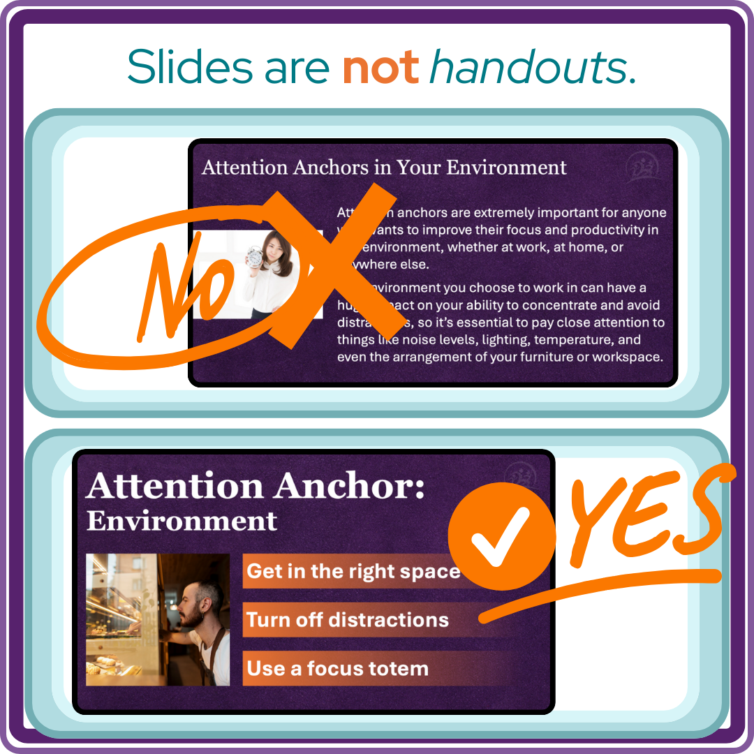 Bad vs Good Slide Example of a bad slide full of words and a good slide with images.